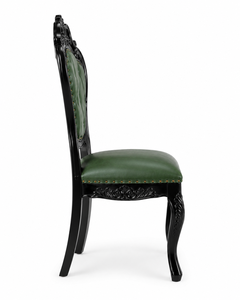 Chaise de salle à manger classique traditionnelle sculptée à la main en bois de Sheesham massif noir brillant, avec revêtement en Rexin vert capitonné pour chambre à coucher - Product Image 2