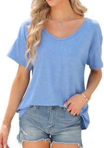 T-shirts en toile bleus de haute qualité pour femmes, respirants, anti-boulochage, col en V, manches courtes, grandes tailles, vêtements décontractés de marque - Product Image 5