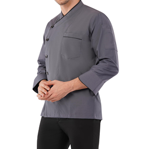Veste de chef à manches longues blanche 100% coton avec col rayé contrasté en tissu tricoté en coton pour hommes du personnel de cuisine de restaurant - Product Image 3