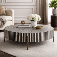 Table basse ronde moderne avec pieds en métal rayés noir et blanc, plateau en bois fait main, meubles de salon