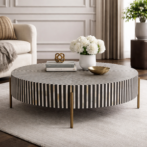 Modern <b>Round</b> Coffee <b>Table</b> Black and <b>White</b> Striped Metal Legs Handmade Wood Top Living Room Furniture - Product Image 1