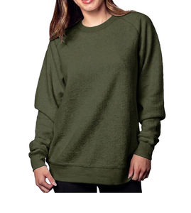 Women Oversized Crew Neck Sweatshirt Sequined Embroidery Badge Solid Color <b>Drop</b>-Shoulder Long Sleeve Knitted Cotton Bamboo Fiber - Product Image 2