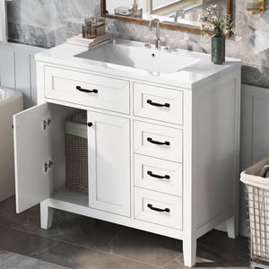 Mobile Bagno da 36 Pollici con Struttura Solida in MDF e Lavabo Integrato, Mobile Bianco con Cassetti e Codice Prodotto JL000007AAK - Product Image 1