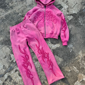 High Quality Lightweight Breathable Solid Acid Wash Sweatpants Hoodie Set Custom Logo Vintage <b>Tracksuit</b> Training Wear Terry - Product Image 4