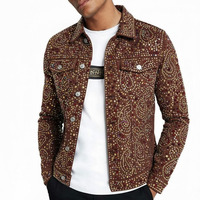 Chemise en jean pour homme, verte, à motif cachemire et broderie de sequins, décontractée, à manches longues, col boutonné, coupe droite, en sergé de coton, pour l'automne
