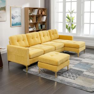 Divano Componibile a L Convertibile da 110 Pollici con Pouf Mobile per Soggiorno, Appartamento o Ufficio - Giallo - Product Image 4