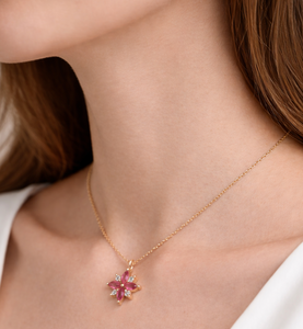 Collar con Colgante de Flor de Rubí y Diamantes Marquise de Diseño, Oro Amarillo Sólido de 18K, Colgante Delicado, Joyería Fina Floral para Novia y Boda - Product Image 6