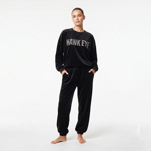 Ensemble de survêtement en velours noir pour femme, sweat-shirt à col rond à manches longues et pantalon de jogging décontracté, logo personnalisé - Product Image 6