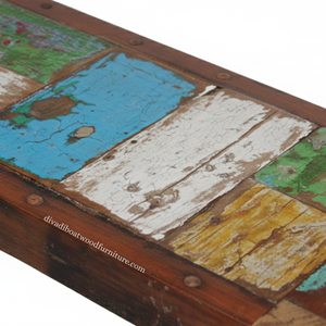 Banco Rita de Madera de Barco Reciclada, Patas Rectas, Diseño Patchwork, Desmontable, Color Original, Diseño Minimalista y Sostenible, para Interiores y Exteriores - Product Image 6