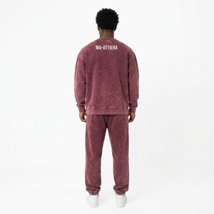 Ensemble jogging pour homme, sweat-shirt à col rond bordeaux délavé à l'acide, tenue décontractée streetwear, ensemble assorti deux pièces - Product Image 2