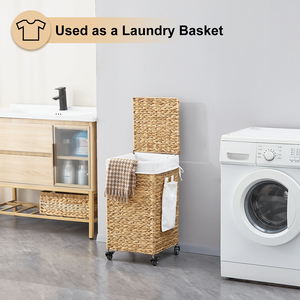 Panier à linge roulant en jacinthe d'eau naturelle tressée avec couvercle et roulettes - Product Image 6
