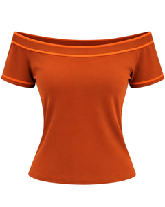 T-shirt orange pour femme, épaules dénudées, avec bordure contrastée, manches courtes, coupe ajustée, décontracté, haut d'été, fabricant OEM personnalisé - Product Image 1