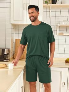 Conjunto de Pijama de Dos Piezas para Hombre, Verano, Casual, 100% Algodón, Tejido de Punto, Color Verde Sólido, Camiseta de Manga Corta y Pantalones Cortos - Product Image 6