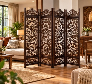 Paravent en bois sculpté à 4 panneaux, écran de séparation pliable pour salon, chambre, bureau |   Cloison décorative autoportante pour la maison - Product Image 3