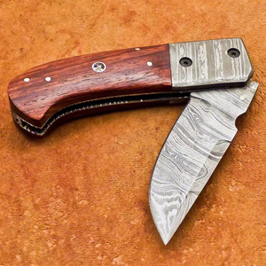 Damascus Steel <b>Folding</b> <b>Utility</b> <b>Knife</b> Rosewood Handle Vertical Carry Sheath Pocket EDC Hunting Camping Drop Point Support OeM - Product Image 1