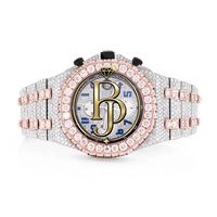 Montre chronographe à quartz pour homme Briva Luxury, sertie de diamants, en acier inoxydable rose, avec grand cadran en verre cristal et lunette pavée bleue