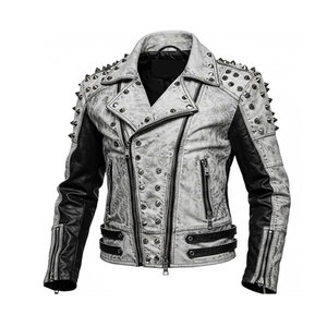 Rhinestones <b>Men's</b> Black Varsity <b>Jacket</b> Genuine Leather Sleeves <b>White</b> Trim Collar Regular Fit Casual Winter Waterproof Reversible - Product Image 1