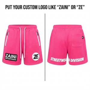 Premium Polyester Mesh <b>Shorts</b> 140 GSM Breathable Quick Dry Pink Streetwear Custom Embroidered Patch Logo <b>Zip</b> <b>Pockets</b> Drawcord - Product Image 1