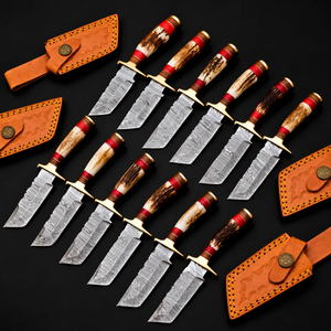 Cuchillo de Caza Hecho a Mano de Acero de Damasco con Hoja de Punta Caída y Mango de Asta de Ciervo, Cuchillo de Supervivencia al Aire Libre de Hoja Fija de 10 Pulgadas - Product Image 5