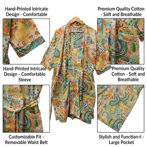 Kimono Premium de Algodón Beige con Estampado Paisley |   Bata de dormir de manga larga con cuello en V para mujer |   Ropa de estar por casa de alta calidad, sostenible y de diseño excepcional - Product Image 3