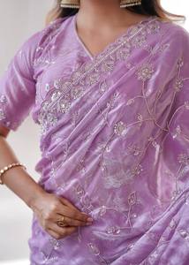 Sari indien prêt-à-porter pour femmes, orné de perles originales, en tissu de soie, en gros et à prix avantageux - Product Image 3