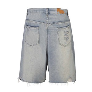 Shorts de mezclilla de cintura alta con rotos y tachuelas, de pierna ancha, estilo casual para verano - Product Image 4