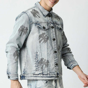 OEM <b>Custom</b> Eco-Friendly Reversible Men's Light Blue <b>Denim</b> <b>Jacket</b> With Print Pattern Casual Spring Wear Street Style Men's <b>Jacket</b> - Product Image 3