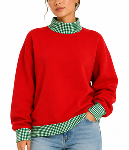 Suéter de Punto para Mujer, Cuello Alto, Diseño a Cuadros Rojos, Logotipo Frontal, Corte Regular, Algodón, Invierno - Product Image 3