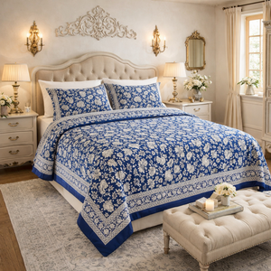 Sábana de Lujo de Algodón Puro Tamaño King, Estampado Floral a Mano de Jaipur, Suave, Agradable para la Piel, Lavable a Máquina, Duradera, para Uso Hospitalario - Product Image 5