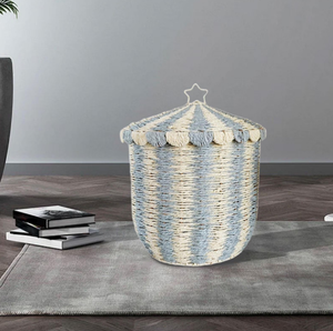 Cute Blue Paper Rope Storage <b>Basket</b> with Lid Eco-Friendly <b>Flower</b> Shape Toy & Laundry Hamper <b>for</b> Home Decoration - Product Image 3