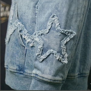 Sweat à capuche streetwear personnalisé pour homme, écologique, en denim vintage délavé, zippé, coupe oversize, avec écusson étoile brodé, pour l'hiver - Product Image 4