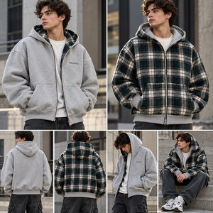 Veste à capuche réversible à carreaux gris et bleu pour homme, coupe oversize, style streetwear hiver, personnalisable, vente en gros - Product Image 5