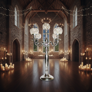 Candélabre de luxe en cristal et métal argenté à 5 bras, fait main, pour centres de table de mariage ou de fête, porte-bougies chauffe-plat, à vendre - Product Image 2