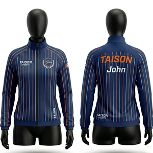 Veste de football pour femmes, tissu polyester interlock premium 220 GSM, design à rayures bleues et orange, fermeture éclair intégrale, logo personnalisé par sublimation - Product Image 3