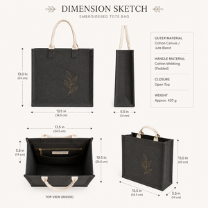 Jute Shopping Tote <b>Bag</b> <b>Medium</b> <b>Size</b> Embroidered Leaf Design Hand Length Handle - Product Image 2