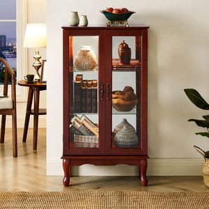 Vetrina Illuminata a 3 Ripiani Cherry con Ripiani Regolabili e Porte in Vetro Temperato, Pannello Posteriore a Specchio per Soggiorno - Product Image 4