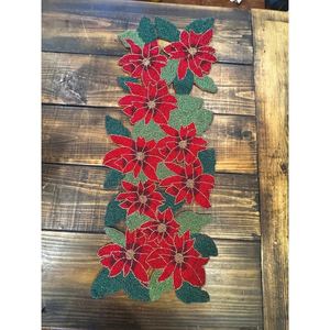 Vintage <b>Christmas</b> Table Runner <b>Red</b> <b>Green</b> Knitted Polyester/Cotton Eco-Friendly Poinsettia Floral 35x13 Home & Hotel <b>Decor</b> - Product Image 2