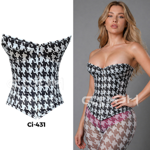 Conjunto de corsé de satén con estampado de pata de gallo en blanco y negro, con varillas de acero y leggings de malla transparente con el mismo estampado. - Product Image 4