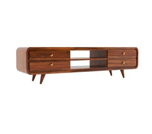 Meuble TV en bois massif à bords incurvés de style moderne du milieu du siècle |   Console multimédia arrondie avec 4 tiroirs |   Exportation de Jodhpur - Product Image 2