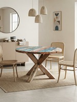 Table à manger ronde artisanale en teck massif, pieds croisés, multicolore, rustique, antique, 2 places, mobilier de maison, vente en gros, récupérée