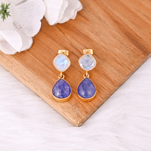 Brass Gold Plated <b>Drop</b> Tanzanite & <b>Rainbow</b> Moonstone Earrings Handmade Gemstone Jewelry for Women - Product Image 3