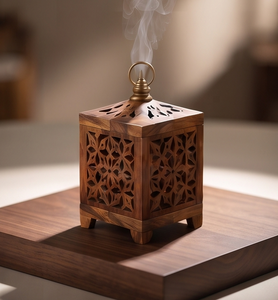 <b>Wooden</b> Incense Holder Lantern Censer Floral Lattice Cutout Brass Ring <b>Finial</b> Aromatherapy Gift - Product Image 4