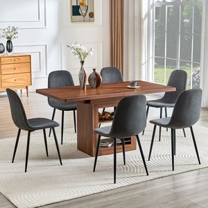 Set Tavolo da Pranzo Allungabile 59-71 Pollici con Sedie, Tavolo Estraibile in MDF, Materiale in Lino e Cotone Grigio Scuro, Abbinato a 6 Sedie - Product Image 3