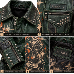 Blouson en cuir vert pour homme, style motard, effet vieilli, avec motifs graphiques DJ et punk, clouté et à pointes, production en gros OEM ODM sur mesure - Product Image 6