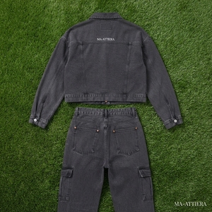 <b>Women</b> Charcoal Gray <b>Cropped</b> Denim <b>Jacket</b> And Cargo <b>Jeans</b> Set Casual Two Piece Streetwear Fashion Outfit - Product Image 6