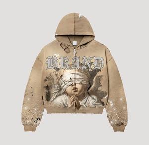 Sudadera con capucha con cremallera OEM con gráfico de ángel, de peso pesado, con lavado ácido, estilo vintage, con pedrería, para streetwear, al por mayor - Product Image 4