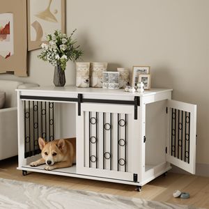 39.37ft Modern Wooden Dog <b>Crate</b> Furniture Rectangle Indoor Kennel End Table Sliding Barn Door Side Door for Small Medium Dogs - Product Image 3