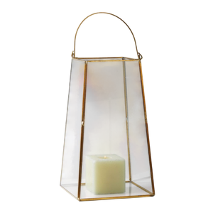 Geometric <b>Gold</b> Trapezoid Metal Candle <b>Lantern</b> Clear Glass Wedding Table Centerpiece Decorative Hanging <b>Lanterns</b> With Wire Handle - Product Image 1