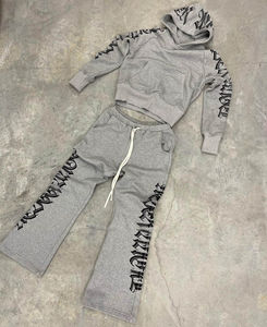 Ensemble de survêtement homme hiver personnalisé, coupe évasée, effet délavé et usé, sweat à capuche et pantalon de jogging, 100% coton, séchage rapide - Product Image 1