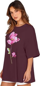 T-shirt pour femme à manches courtes, col rond, imprimé floral bordeaux, coupe ample, décontracté, printemps-été, 100% coton jersey - Product Image 5